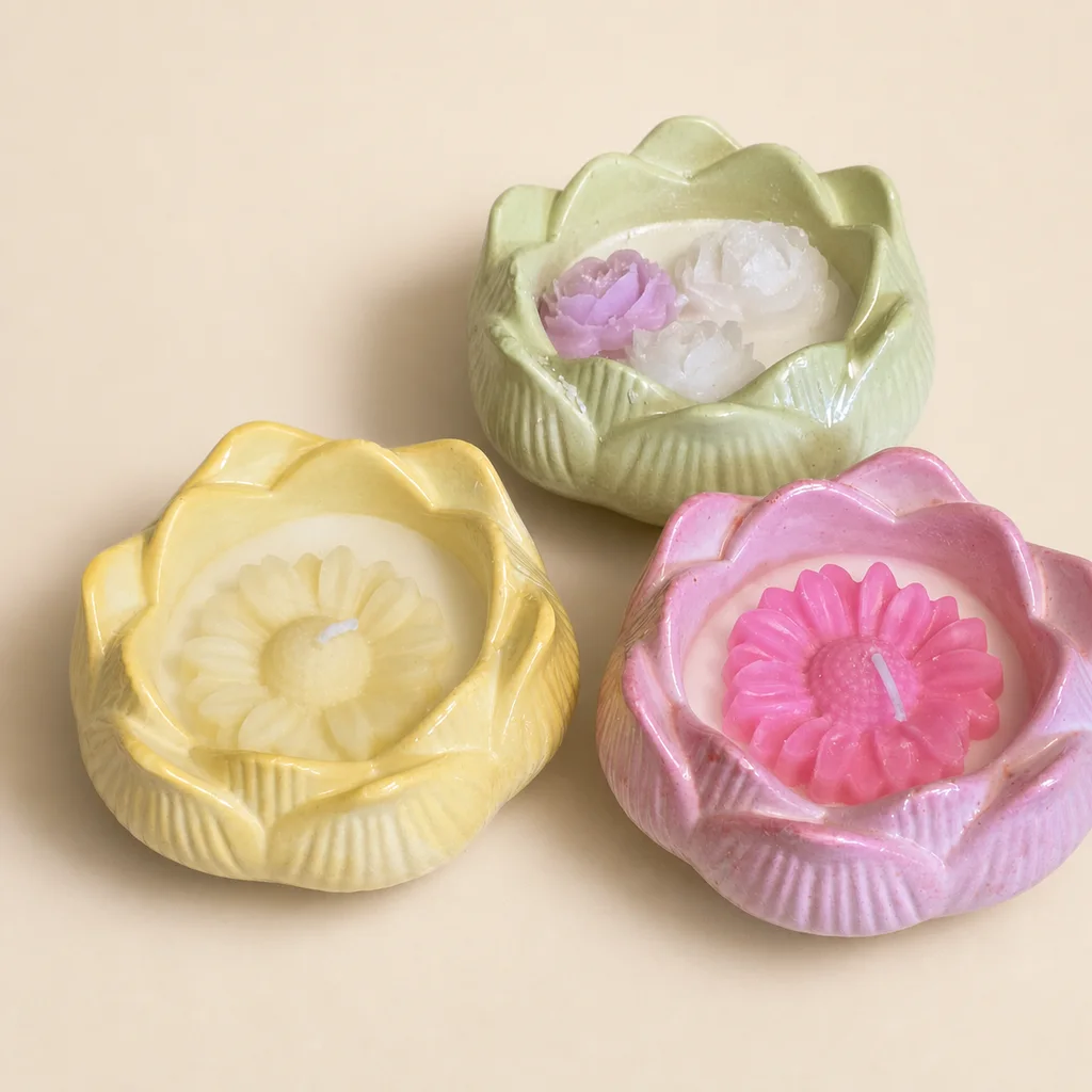 Lotusformade objekt i gula, rosa och gröna toner